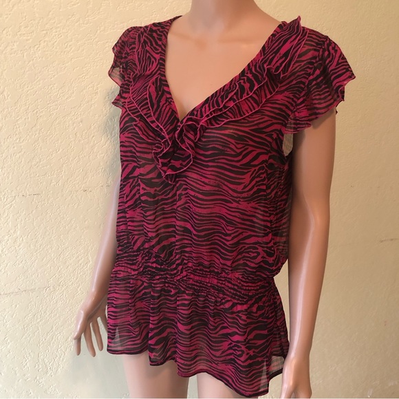 Max Azria Miley Cyrus Women’s Size XL Sheer Pink Zebra Blouse Stretched Waist - Picture 4 of 16